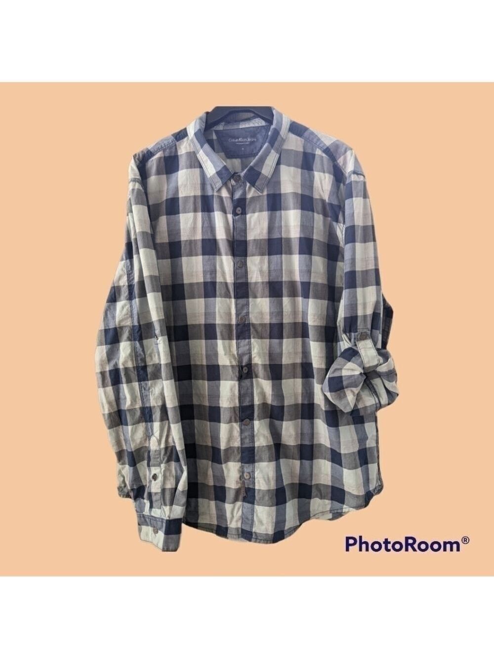 Calvin Klein Jeans blue & tan buffalo plaid button up roll tab sleeve shirt XL